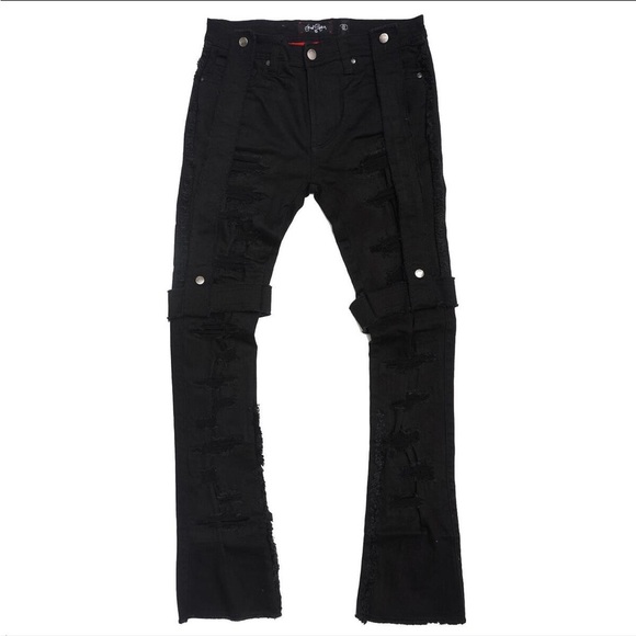 Pure Black Men Stylish Jeans/w Strap Detail - Picture 1 of 6